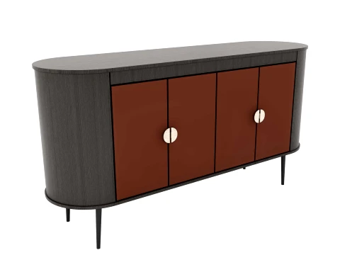 Modern Rounded Sideboard - Dark Wood with Red Doors 3D Model