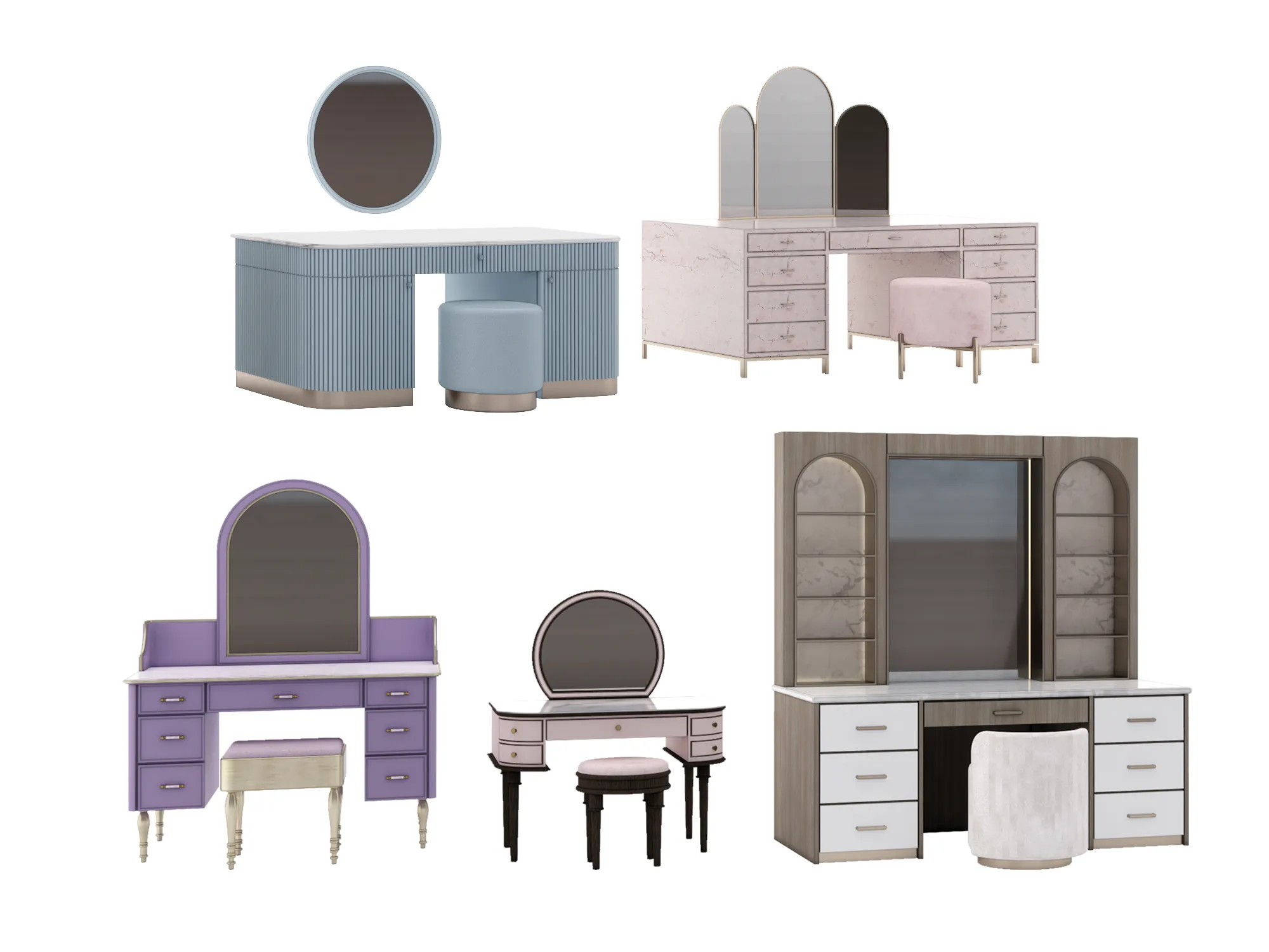 Classic Purple Vanity Dressing Table with Arched Mirror Stool 3D Model .c4d .max .obj .3ds .fbx .stl .blend 