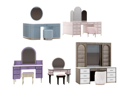 Classic Purple Vanity Dressing Table with Arched Mirror Stool 3D Model