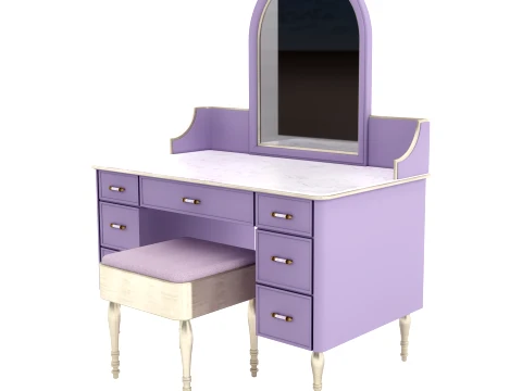 Classic Purple Vanity Dressing Table with Arched Mirror Stool 3D Model
