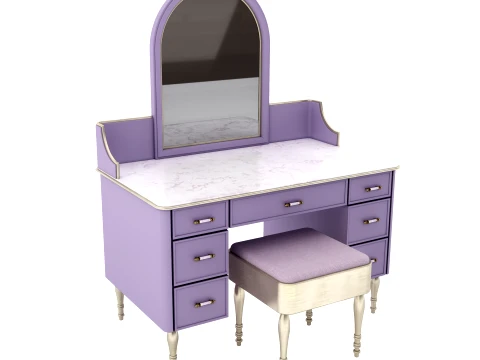 Classic Purple Vanity Dressing Table with Arched Mirror Stool 3D Model