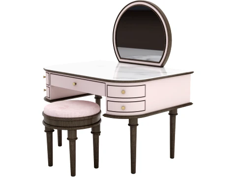 Pink Oval Vanity Dressing Table with Stool 3D Model