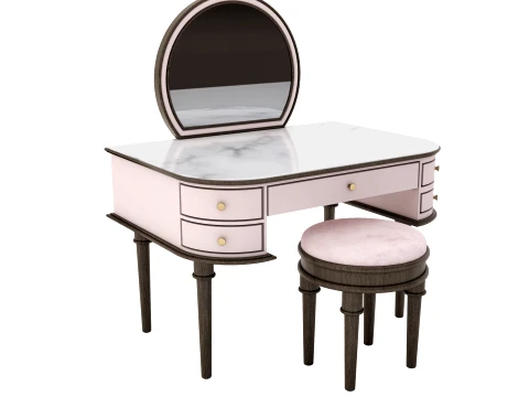 Pink Oval Vanity Dressing Table with Stool 3D Model