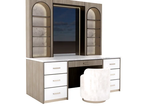 Modern Luxury Wood Marble Vanity Unit with Built in Chair 3D Model