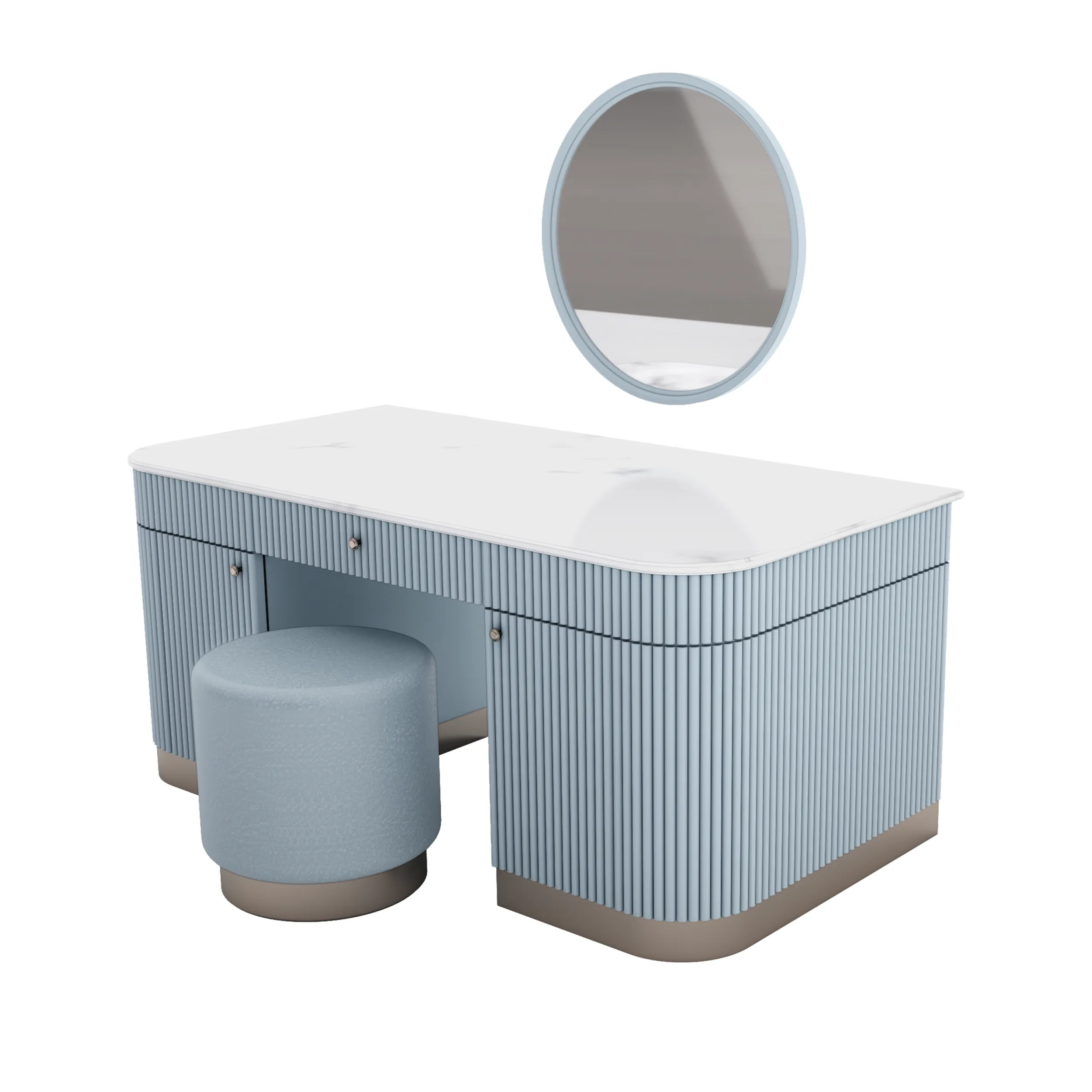 Modern Fluted Pastel Blue Vanity Desk with Round Mirror Stool 3D Model .c4d .max .obj .3ds .fbx .stl .blend 