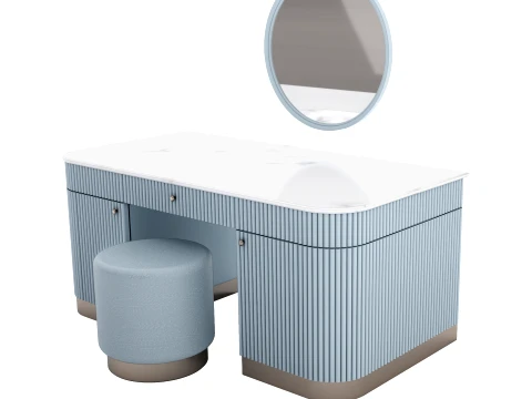 Modern Fluted Pastel Blue Vanity Desk with Round Mirror Stool 3D Model