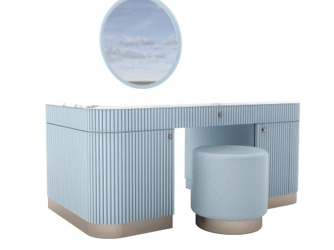 Modern Fluted Pastel Blue Vanity Desk with Round Mirror Stool 3D Model