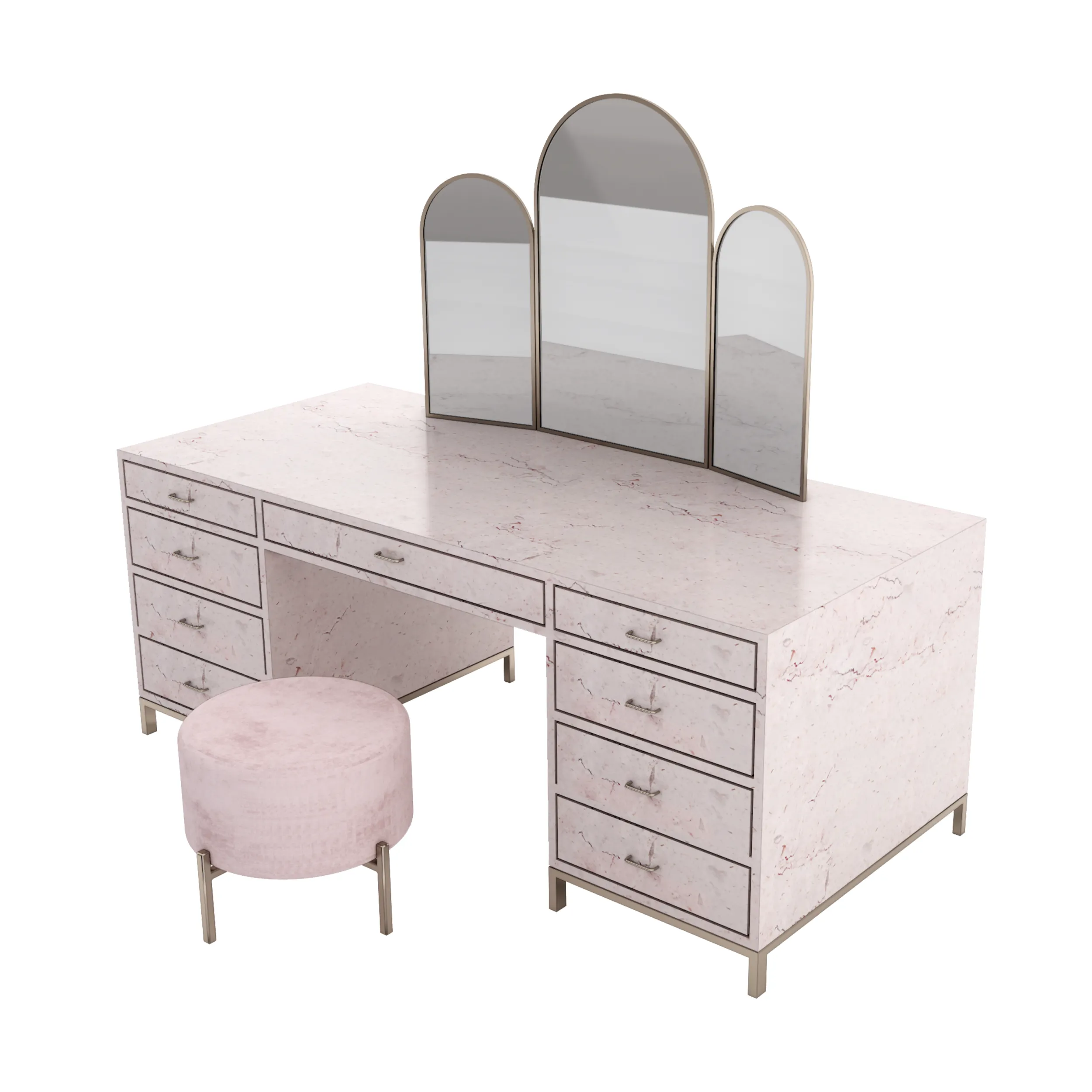 Grand Pink Marble Vanity Desk with 3-Way Folding Arch Mirror Stool 3D Model .c4d .max .obj .3ds .fbx .stl .blend 