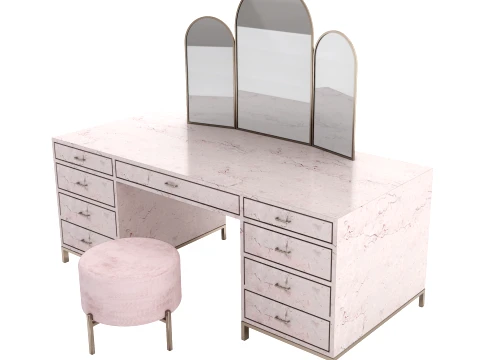 Grand Pink Marble Vanity Desk with 3-Way Folding Arch Mirror Stool 3D Model