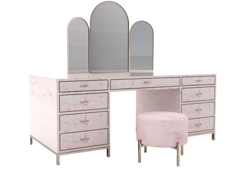 Grand Pink Marble Vanity Desk with 3-Way Folding Arch Mirror Stool 3D Model