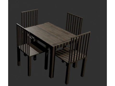 Realstic Wooden Dining Set Table 4 Chairs PBR 4K 3D Model