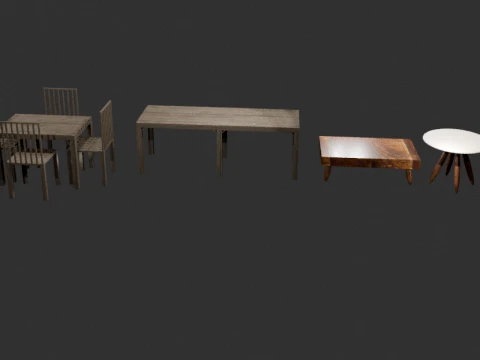 Realistisches Holzm&ouml;belpaket, Tische, St&uuml;hle, PBR 4K 3D Modell