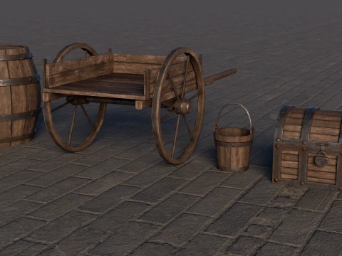 Medieval Props Pack Barrel Cart Bucket Chest 3D Model