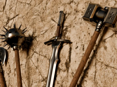 Medieval Weapons Pack Sword Battle Axe Spiked Mace War Hammer PBR Game-Ready 3D Model