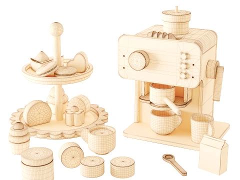 Petite amelie wooden tiered serving tray with pastries and coffee machine 3D Model