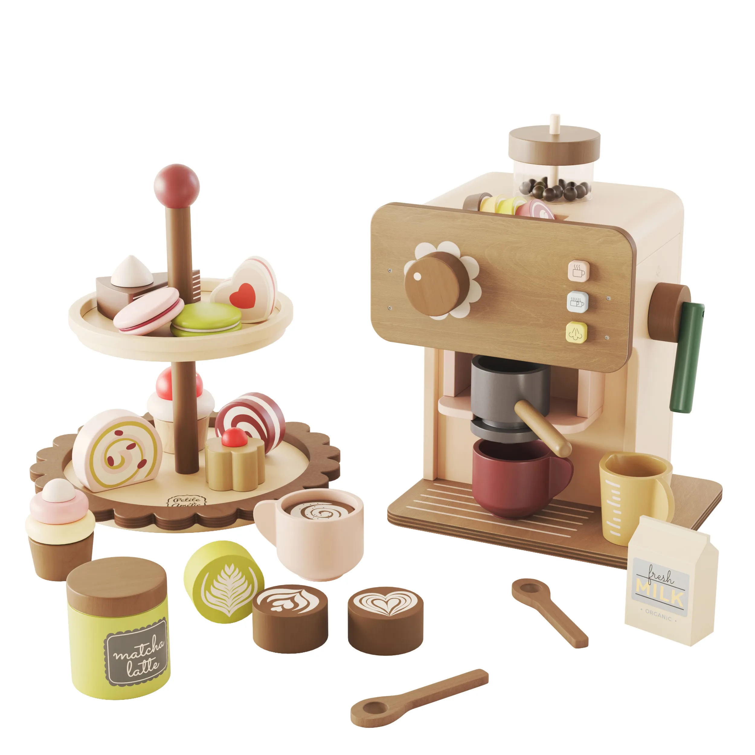Petite amelie wooden tiered serving tray with pastries and coffee machine 3D Model .c4d .max .obj .3ds .fbx .stl .blend 