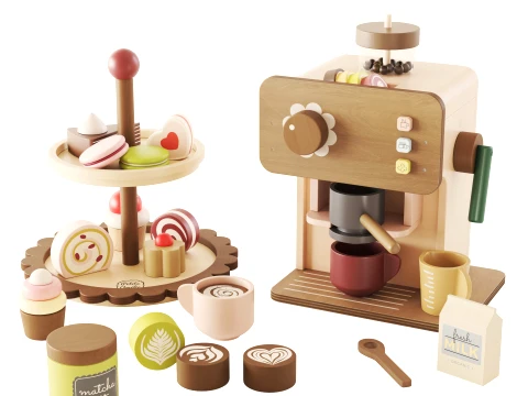 Petite amelie wooden tiered serving tray with pastries and coffee machine 3D Model