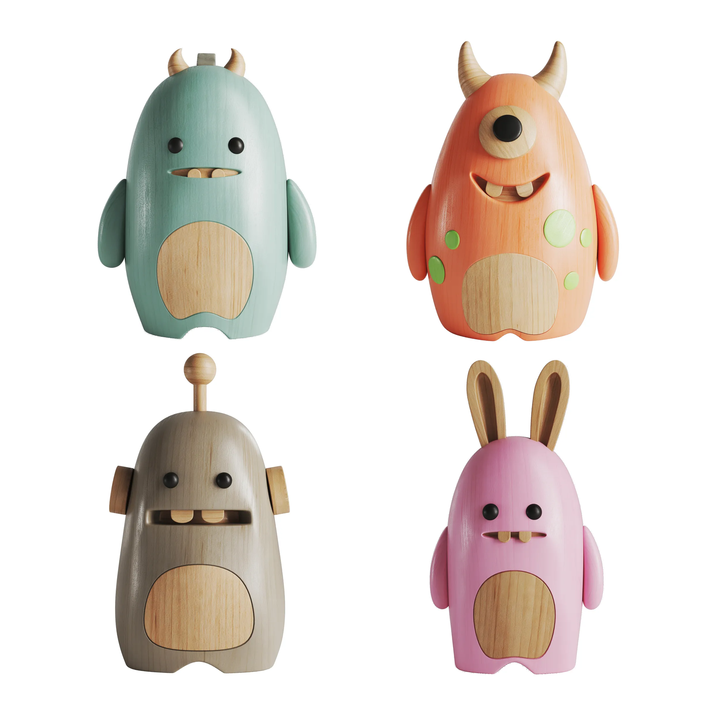 Cute Wooden Monsters Collection 02 3D Model .c4d .max .obj .3ds .fbx .stl .blend 
