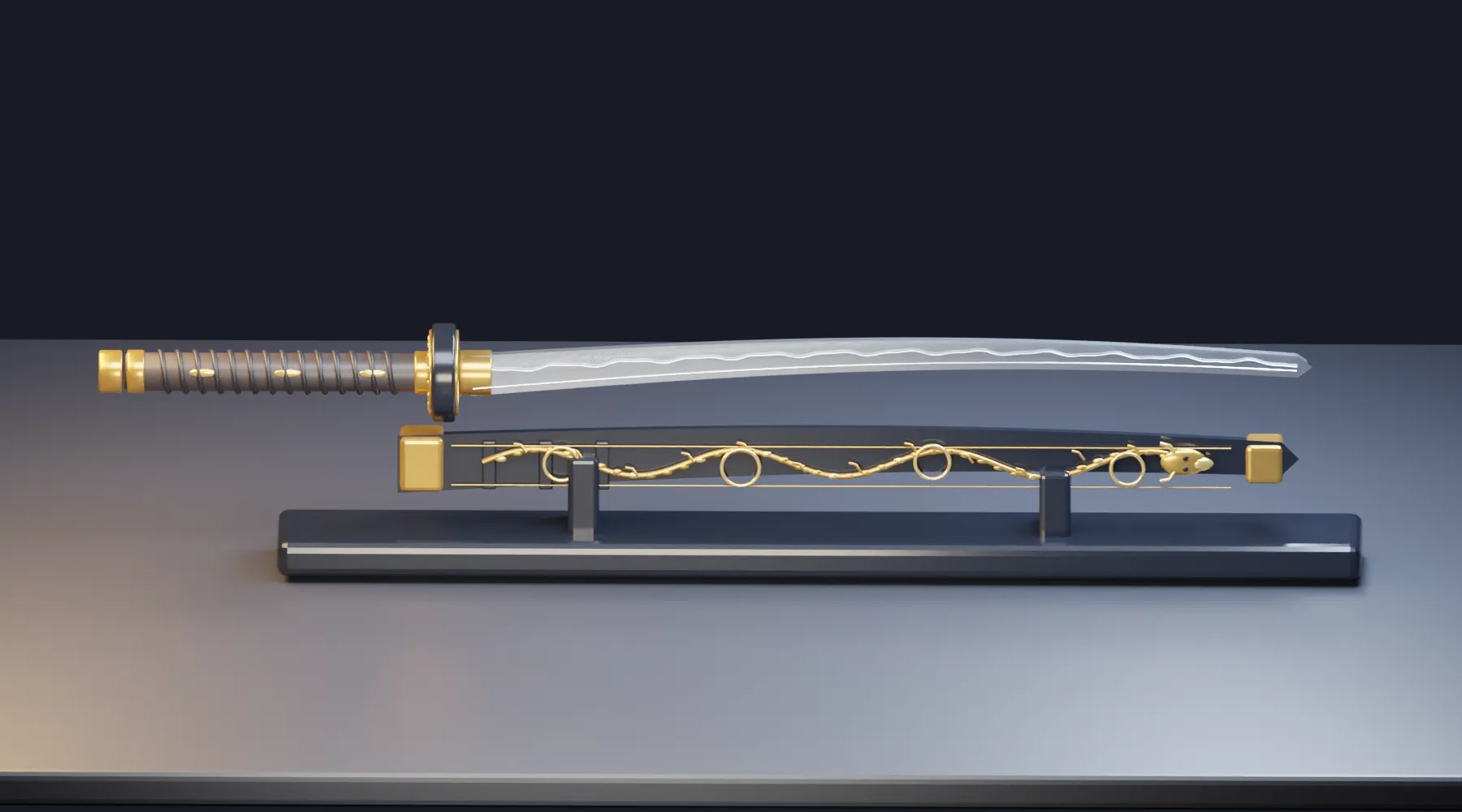 Luxury Fantasy Katana - Gold Dark Blue with Display Stand 3D Model .c4d .max .obj .3ds .fbx .stl .blend