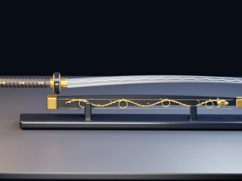 Luxury Fantasy Katana - Gold Dark Blue with Display Stand 3D Model
