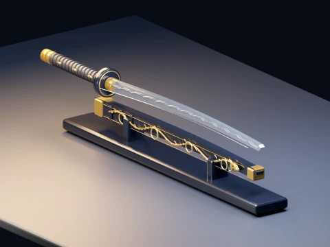 Luxury Fantasy Katana - Gold Dark Blue with Display Stand 3D Model