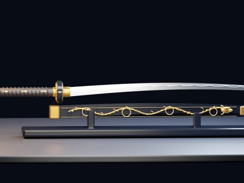 Luxury Fantasy Katana - Gold Dark Blue with Display Stand 3D Model