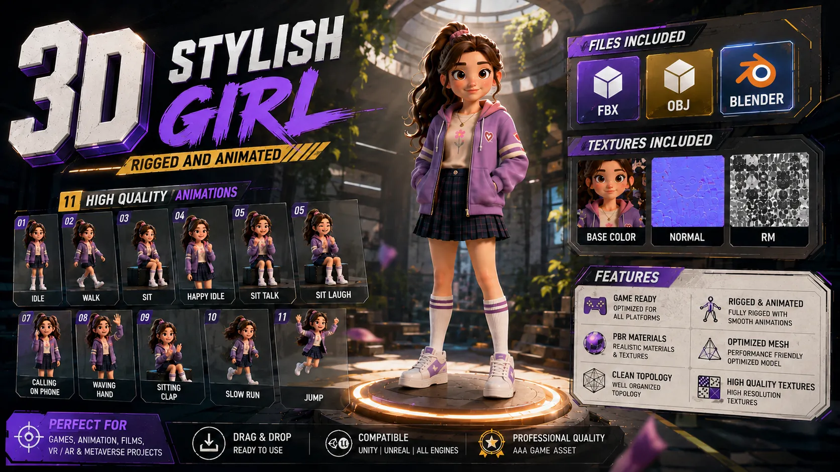 3D Stylized Girl Character Rigged Animated Game Ready PBR Model 3D Model .c4d .max .obj .3ds .fbx .stl .blend 