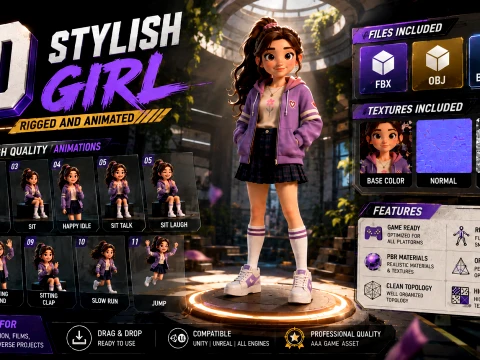 3D Stylized Girl Character Rigged Animated Game Ready PBR Model Model 3D