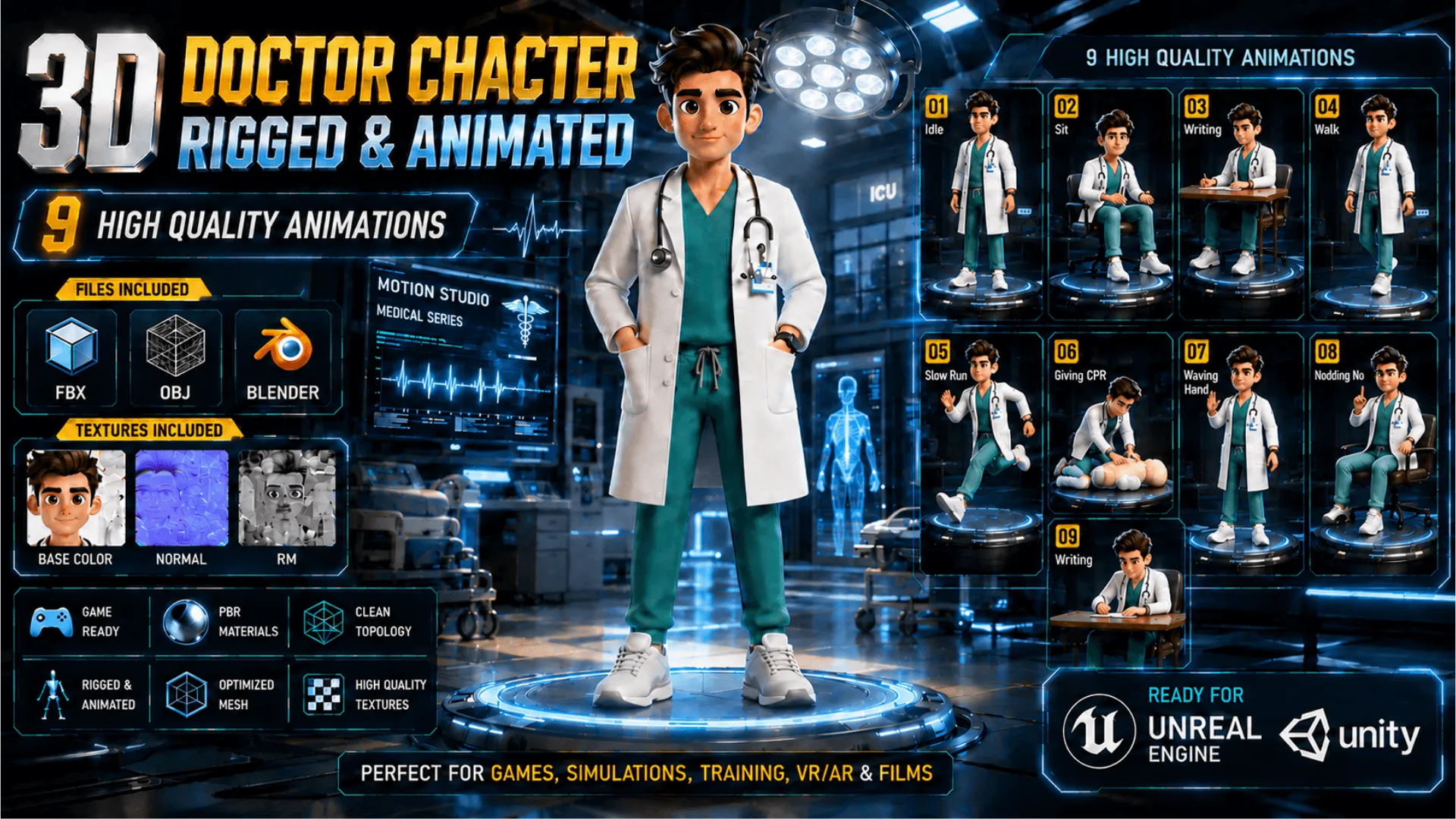 Stylized Doctor Character Rigged Animated 3D Model .c4d .max .obj .3ds .fbx .stl .blend