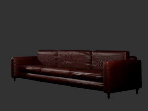 3-Seater Brown Leather Sofa with Wrinkles low-poly 3D Model