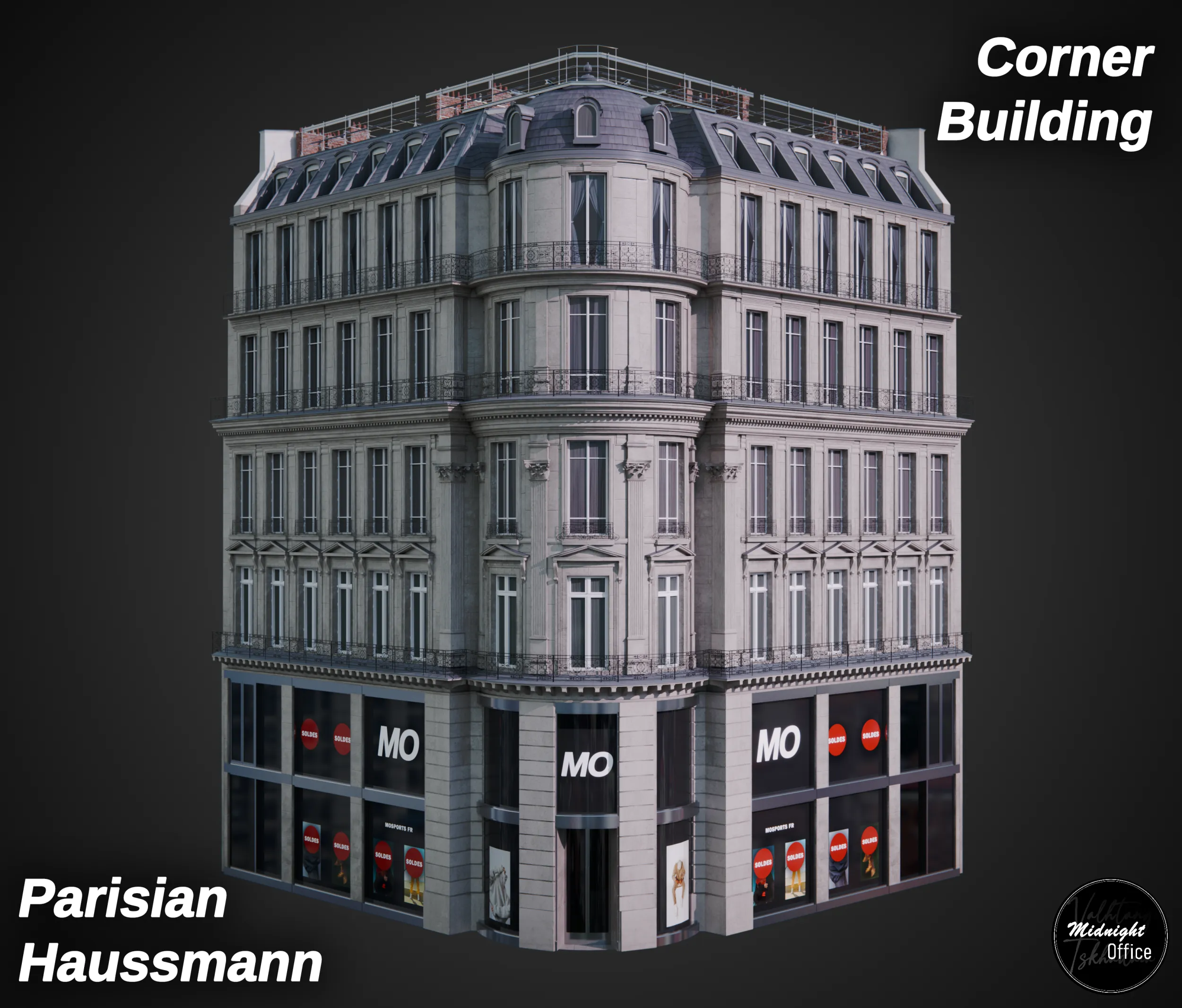Parisian Haussmann Corner Building 3D Model .c4d .max .obj .3ds .fbx .stl .blend 