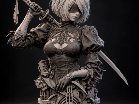 2B NieR Automata Buste STL 4 Tailles Modèles 3D en vedette