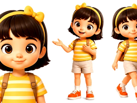 Stylized Toon Girl Character Cute Cartoon Kid Rigged and Animated 3D Model