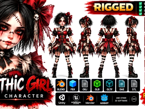 Gothic Voodoo Doll 3D Character Rigged Horror Girl Game Ready 3D Model