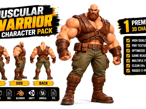 筋肉質のひげを生やした戦士 3D キャラクター ゲーム対応のバーバリアン ファイター 3Dモデル