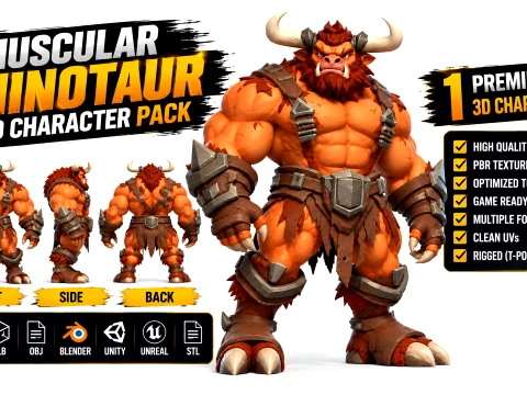 Muscular Minotaur Warrior 3D Character Horned Fantasy Beast Fighter 3D Model
