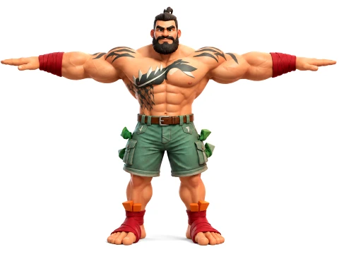 Muscular Tattooed Warrior 3D Character Bearded Fighter Game Model 3D Model