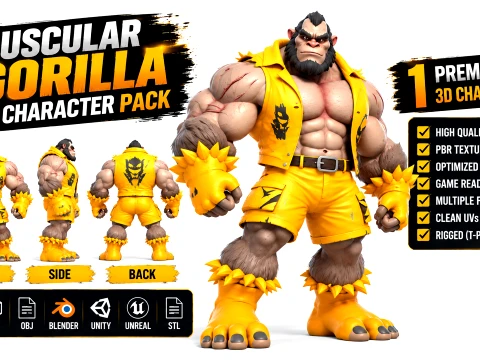 Muscular Gorilla Warrior 3D Character Stylised Ape Beast Fighter 3D Model