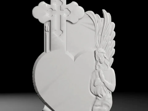 Cross with Heart Candle and Angel - Tombstone STL for CNC 3D Принт Модель