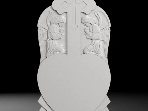 Cross with Heart and Cherubs in Panel - Tombstone STL for CNC 3D Print Model