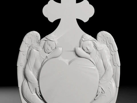 Two Angels with Heart and Cross - Tombstone STL for CNC 3D Print Model