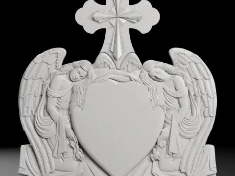 Cross with Two Angels and Heart - Tombstone STL for CNC 3D Print Model
