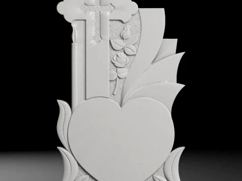 Cross with Candle and Heart Bush-Hammered Tombstone STL 3D Print Model