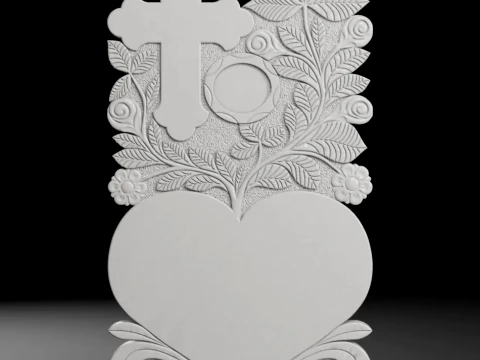 Cross with Heart Flowers and Photo Frame - Tombstone STL for CNC 3D Print Model