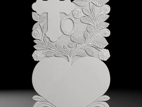 Cross with Heart and Flowers - Tombstone STL for CNC 650x1250mm 3D Print Model