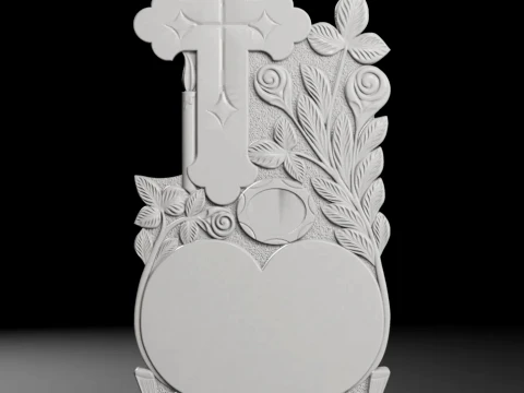 Cross with Roses and Heart - Tombstone STL for CNC 600x1300mm 3D Print Model