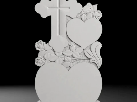 Semi-Trefoil Cross with Hearts and Roses - Tombstone STL for CNC 3D Print Model