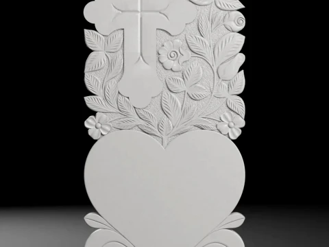 Semi-Trefoil Cross with Flowers and Heart Tombstone STL 3D Print Model