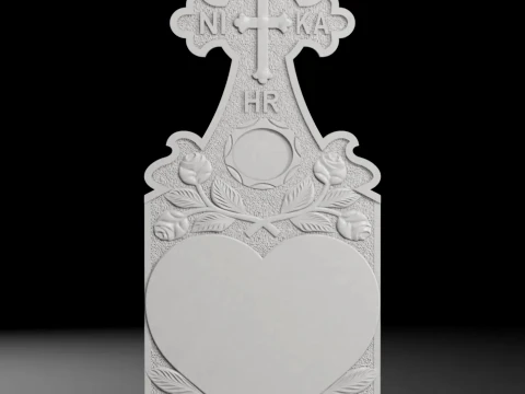 Cross with Heart and Rose - Tombstone STL for CNC 550x1300mm 3D Print Model