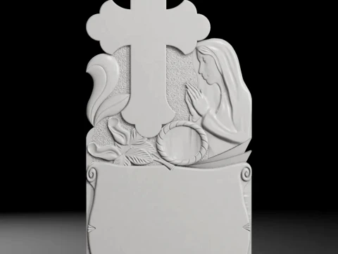 Semi-Trefoil Cross with Scroll and Virgin Mary Tombstone STL 3D Print Model